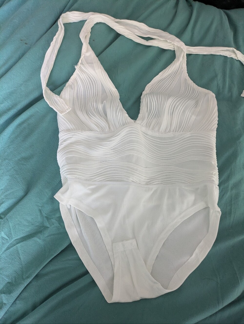 Sheer Textured Bodysuit Shein XL V Neck Halter 3D White Snap Closure Adjustable - Picture 2 of 13